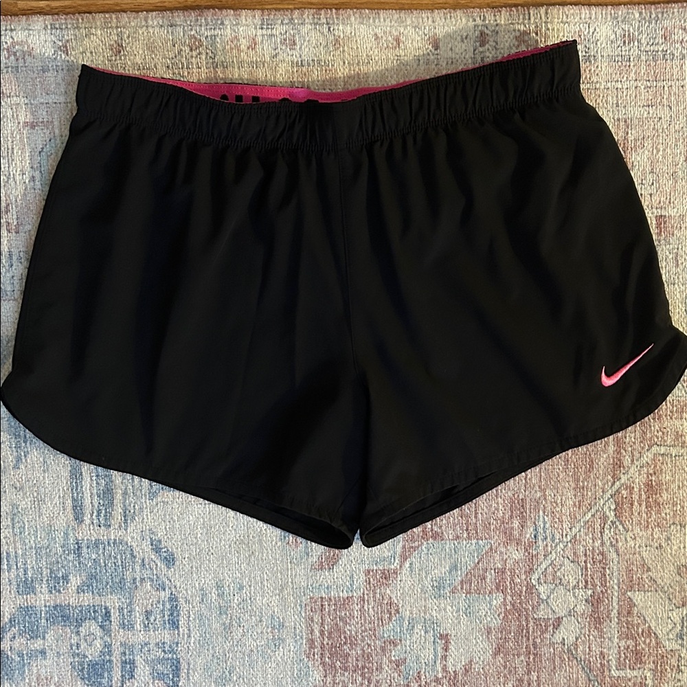 Nike Women's Black Athletic Shorts with Pink Logo